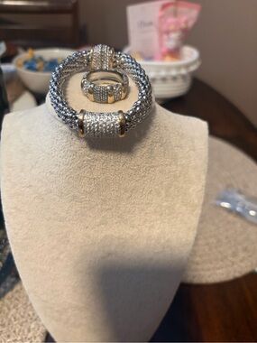 Silver and Gold Crystal Accent Bracelet and Ring Size 7.5 Set Women's Jewelry